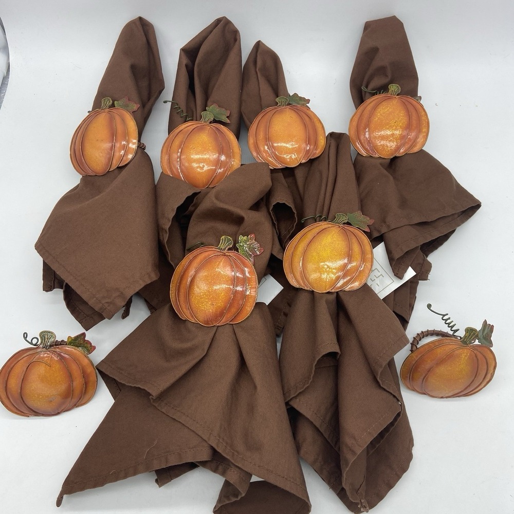Pumpkin Fall Harvest 8 Napkin Rings &‎ 6 Brown Cloth Napkins Tablecore Holiday